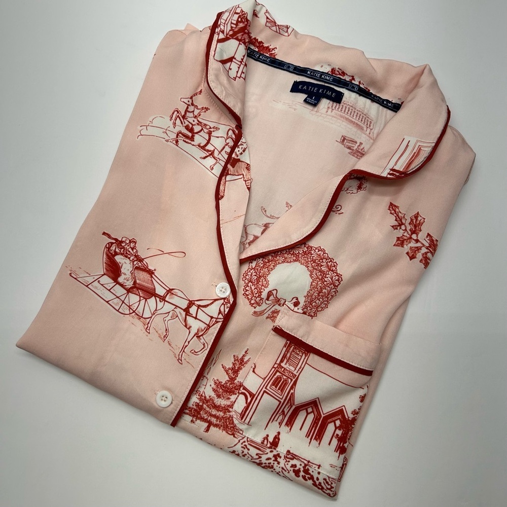 KATIE KIME WOMENS APRES SKI TOILE RED HOLIDAY PRINT THEME PAJAMA TOP LG - Picture 15 of 16